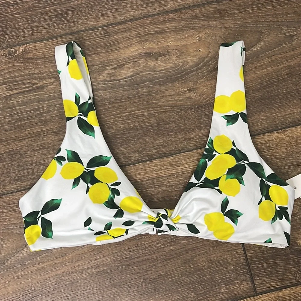 NWT AQUA Swim Knotted Lemon Print Bikini Top, Size S